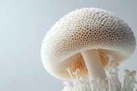 Close-up of white mushroom cap with textured surface and visible gills against light background, showcasing natural organic form and delicate structure.