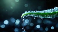 Fresh green leaf with water droplet falling in macro view against dark bokeh background, capturing moment of natural purity and morning dew.