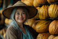 Mature Asian woman with gray hair wearing straw hat and turquoise top smiles warmly while standing next to stack of fresh harvested pumpkins at local farmers market.
