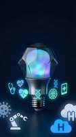 Futuristic lightbulb with holographic glow surrounded by medical and technology icons on dark background for healthcare innovation concepts.
