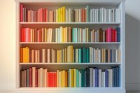 Books arranged by color spectrum on white bookshelf creating rainbow pattern, modern minimalist library organization with soft natural lighting effect.