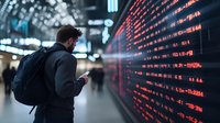 Businessman checking smartphone at digital stock market board with red numbers showing market crash in modern financial district.