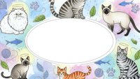 Colorful cat breeds frame with empty oval space for text, featuring Persian, Siamese, tabby cats with paw prints, fish and yarn balls on pastel background.