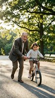 Grandfather teaching granddaughter to ride bicycle in sunny park. Senior man helping young girl learn cycling outdoors during golden hour family bonding moment.