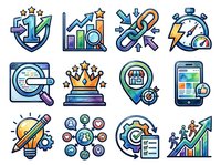 First place award shield with stars, financial growth chart with magnifying glass, wrench with gears, stopwatch timer icon, search analytics tool, golden crown trophy, global location pin with settings, mobile app interface, rocket with planet, network communication nodes, workflow process checklist, ascending arrow with growth chart.