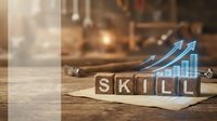 Professional development concept with wooden blocks spelling SKILL and upward trending arrow graph representing career growth and competency building.