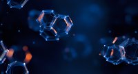 Glowing molecular structure with hexagonal shapes floating in dark blue space, orange light accents creating scientific atmosphere. For research and technology concepts.