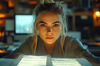 Young Caucasian woman with messy blonde hair illuminated by blue light from computer screen while working late at night in dark office, focused expression on face.