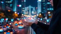 Professional businessman holding glowing justice scales hologram in urban night cityscape for legal technology and digital law services concepts.