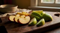 Fresh sliced apples and lime wedges arranged on rustic wooden cutting board in warm natural kitchen lighting for healthy cooking and food preparation.