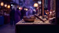Tibetan singing bowl with incense smoke on wooden table in meditation room with warm ambient lighting for spiritual wellness and relaxation practices.
