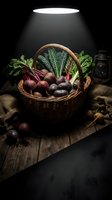 Wicker basket filled with fresh organic vegetables including kale, beets, and leafy greens on rustic wooden surface under dramatic spotlight lighting for food photography and culinary design projects.