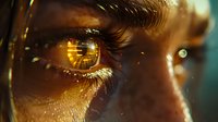 Close-up macro shot of golden brown eye with long eyelashes reflecting light and sparkles, artistic portrait photography showing intricate iris detail and emotion.