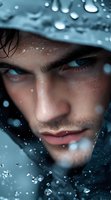 Close-up portrait of young man with intense blue eyes in winter hood, snowflakes and water drops creating dramatic atmosphere. For fashion and lifestyle projects.