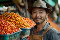 Asian male farmer in hat and overalls smiling at farmers market with fresh organic cherry tomatoes displayed in blue baskets, representing local agriculture and food production.