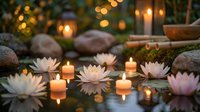 Tranquil spa setting with floating lotus flowers, candles and smooth stones creating peaceful zen atmosphere for meditation and wellness relaxation.
