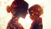 Double exposure silhouette of mother and child blended with autumn leaves and branches in warm orange and brown tones creating emotional family portrait.