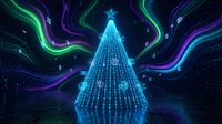 Futuristic digital Christmas tree with glowing blue lights and flowing neon aurora streams in dark cyber space for holiday technology designs.