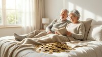 Senior Caucasian couple relaxing in bed with golden coins scattered on blanket, planning retirement finances and investment savings in bright bedroom.