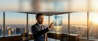 Caucasian businessman in suit interacting with futuristic transparent digital screen in modern office with panoramic city skyline at sunset.