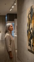 Senior woman with gray hair admiring abstract painting in modern art gallery museum exhibition space with concrete walls and professional lighting.