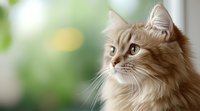 Fluffy cream-colored longhair cat with attentive expression gazing into distance against soft blurred green background with bokeh lights.