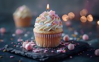 Birthday cupcake with lit candle and whipped cream frosting on dark slate board, decorated with pink sprinkles and pearls against blurred bokeh lights background.