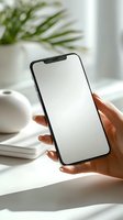 Woman holding smartphone with blank white screen in bright modern interior with plant and coffee cup for app presentation mockup.