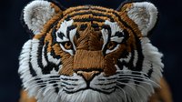 Close up portrait of majestic tiger face with intense gaze and detailed fur texture against dark background, showcasing intricate whiskers and striking amber eyes.
