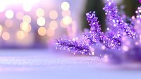 Delicate purple frost crystals on winter surface with soft bokeh lights in background creating magical seasonal atmosphere.