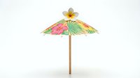 Decorative paper parasol with tropical floral design featuring pink and yellow blooms, green foliage, and wooden pole for summer events and themed celebrations.