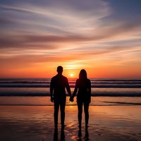 Romantic couple silhouettes holding hands on beach at sunset with golden sky and ocean waves reflecting warm light creating peaceful evening atmosphere.