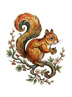 Ornate squirrel with decorative swirling tail and botanical elements including berries and foliage, isolated on white background for design applications.