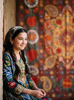 Young woman with long dark braided hair and South Asian ethnicity wearing traditional embroidered clothing with colorful patterns, seated against ornate textile backdrop with geometric designs.