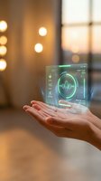 Hand holding transparent holographic health monitoring device displaying heart rate waveform and vital signs data with futuristic interface for medical technology and healthcare innovation concepts.