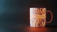 Coffee mug with glowing circuit board pattern on dark background for technology and electronics themed designs.