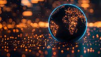 Glowing digital Earth globe with illuminated city lights floating against dark background with orange bokeh lights and reflective surface.