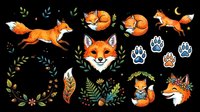 Cute fox clipart set with floral elements, paw prints, and wreaths, isolated on transparent background. Great for stickers, t-shirt design, and print on demand.