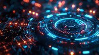 Futuristic circular technology interface with glowing blue and red lights on circuit board background, creating dynamic digital visualization pattern.