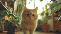 Ginger cat with long fluffy fur sitting among houseplants in cozy home interior. Natural window lighting creates warm atmosphere for pet and lifestyle photography.