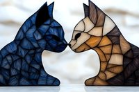 Geometric mosaic style cat silhouettes facing each other, one in deep blue and one in brown and tan tones, against light background, artistic pet illustration.