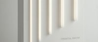 Minimalist financial report cover with vertical neon light tubes casting shadows on neutral wall, modern corporate design for business presentations and documents.