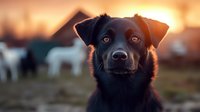 Black dog portrait at golden sunset with glowing eyes and blurred horses in background, close up view of mixed breed canine face showing loyal expression.
