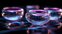 Futuristic glowing transparent spheres with digital network patterns on dark background, creating sci-fi atmosphere for technology concepts.