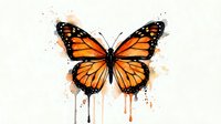Watercolor monarch butterfly with orange wings and paint drips on white background, isolated design element for creative projects and nature artwork.
