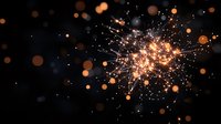 Glowing orange firework explosion against dark night sky with bokeh light effects and sparkling particles creating festive atmosphere.