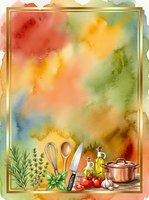 Watercolor cooking background with fresh herbs, vegetables, and kitchen utensils arranged on vibrant red, yellow, and green washes. Isolated design element suitable for recipe cards, menus, and culinary branding.