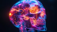Glowing neon skull with vibrant orange and blue energy effects against dark background, featuring ethereal smoke and luminous details for creative design projects.