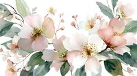 Delicate watercolor composition of pink wild roses with green foliage on white background, creating soft romantic floral arrangement.