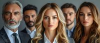 Professional business team portrait with diverse group showing confident senior executive, young blonde women and bearded men in formal attire against neutral background.